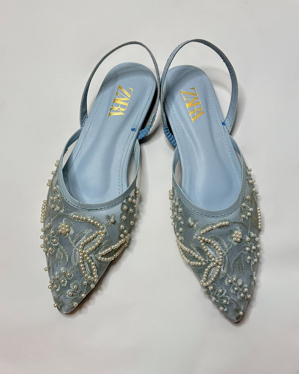 Zara Embroidered Mesh Blue Slingback Pumps