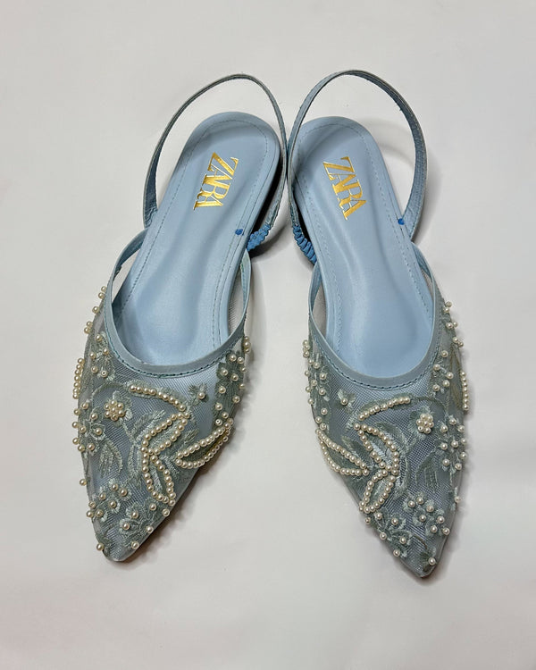 Zara Embroidered Mesh Blue Slingback Pumps