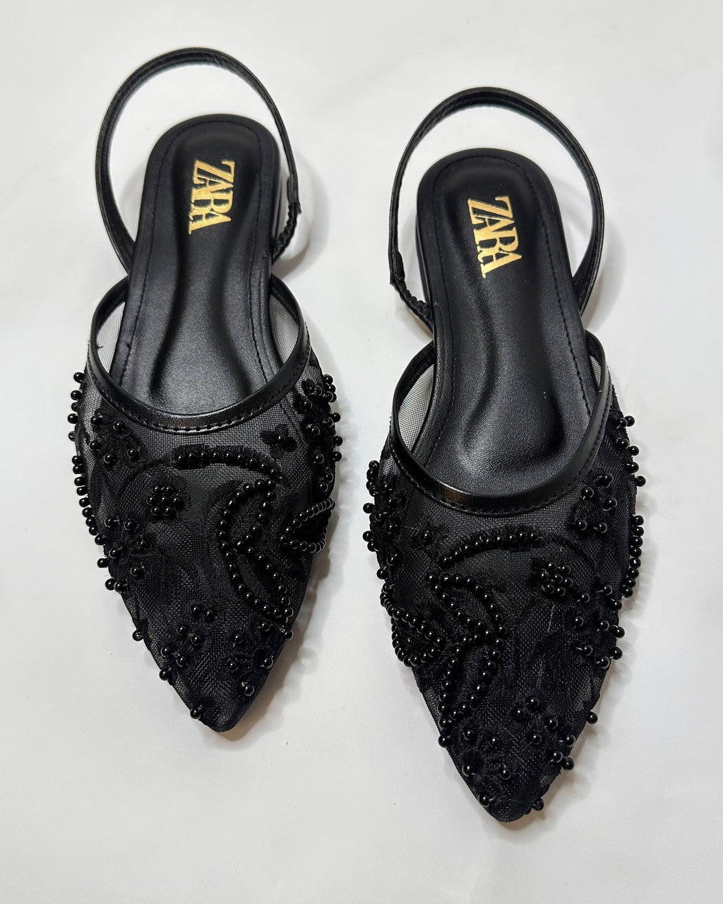 Zara Embroidered Mesh Black Slingback Pumps