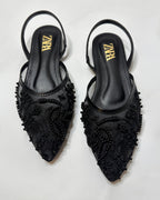 Zara Embroidered Mesh Black Slingback Pumps