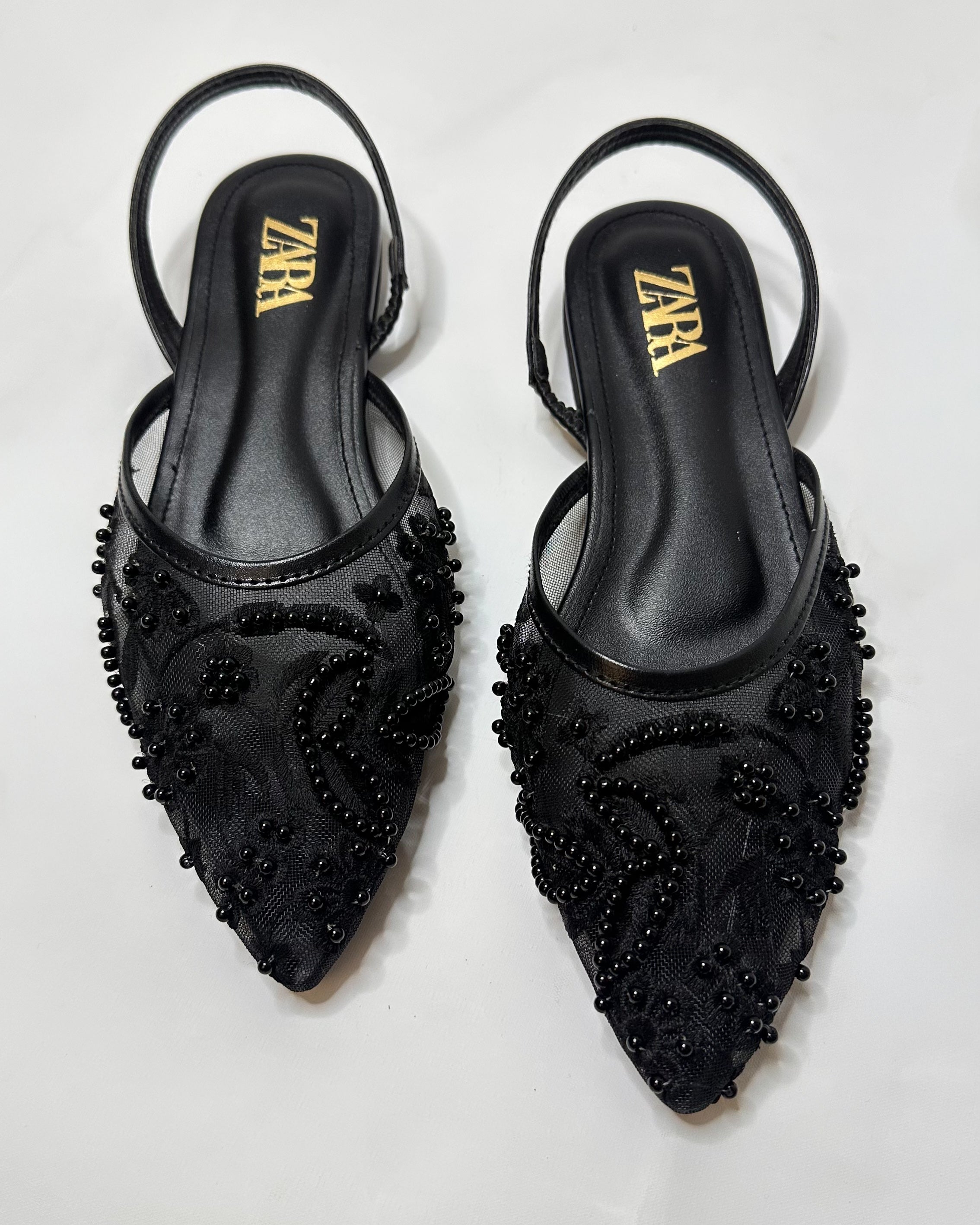 Zara Embroidered Mesh Black Slingback Pumps