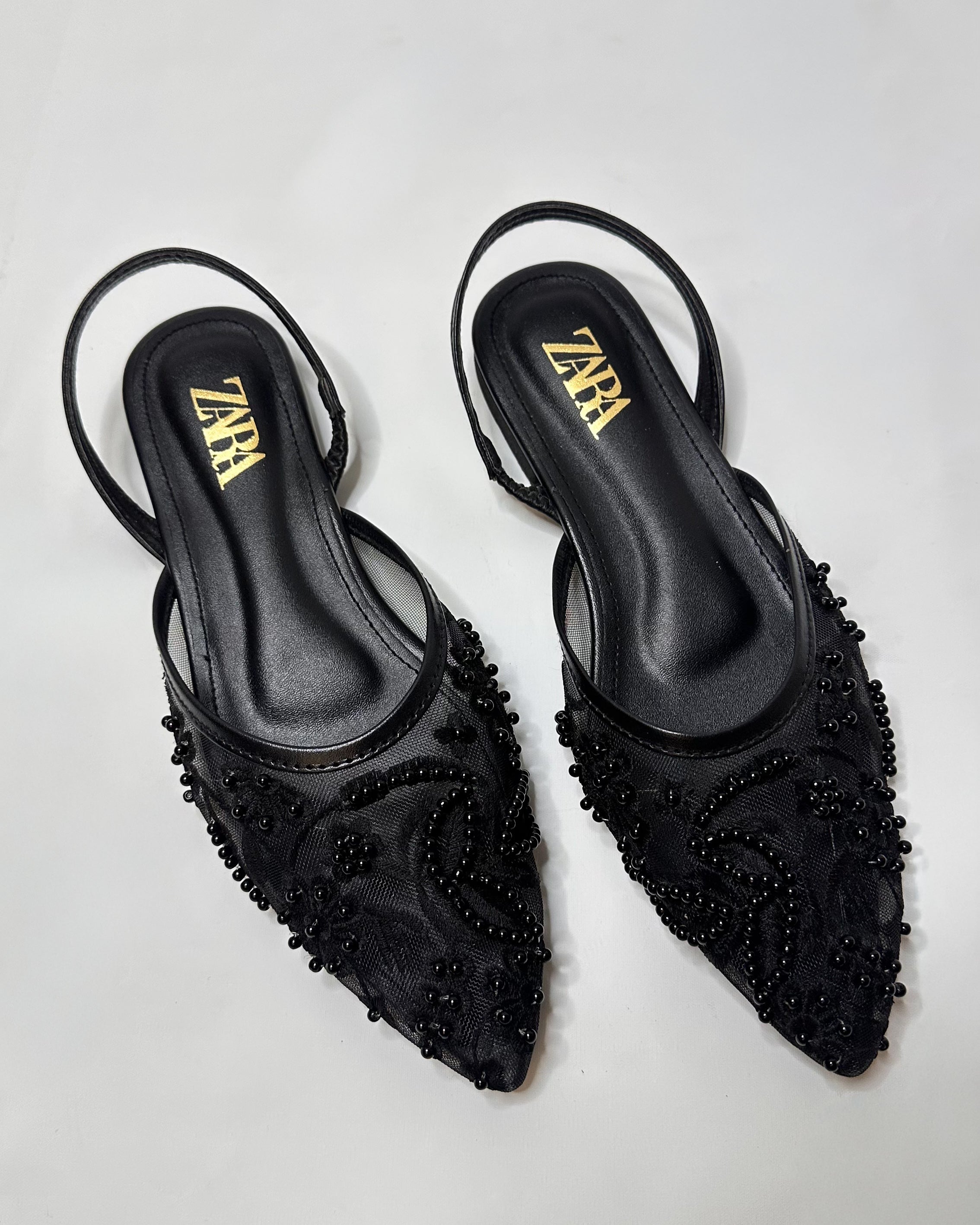 Zara Embroidered Mesh Black Slingback Pumps