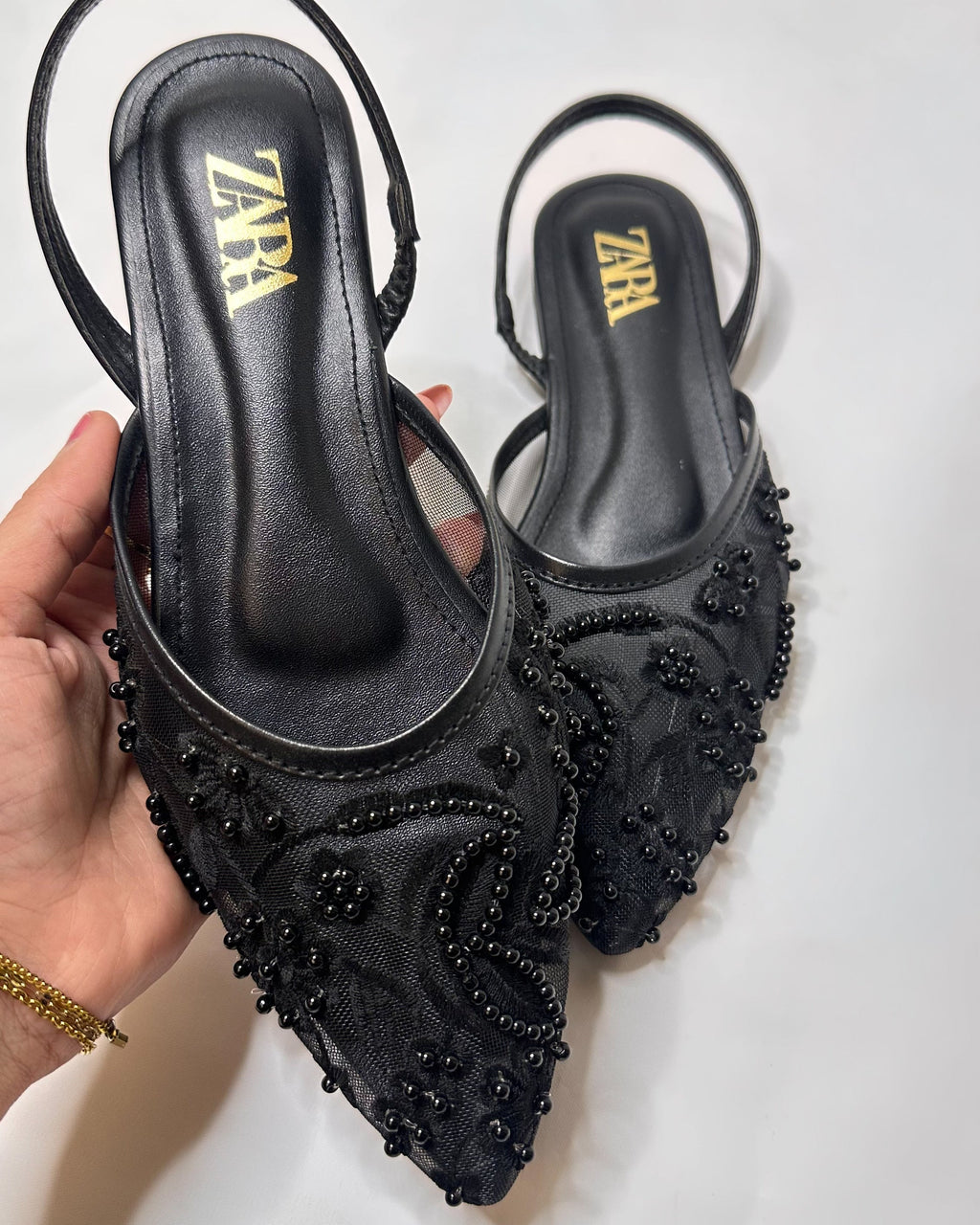 Zara Embroidered Mesh Black Slingback Pumps