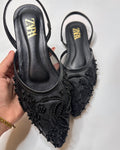 Zara Embroidered Mesh Black Slingback Pumps