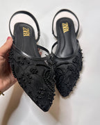 Zara Embroidered Mesh Black Slingback Pumps