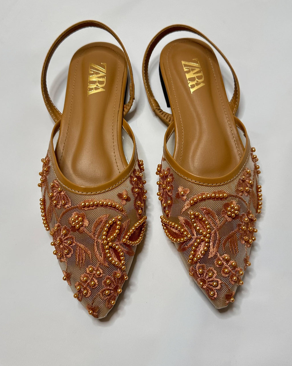 Zara Embroidered Mesh Beige Slingback Pumps
