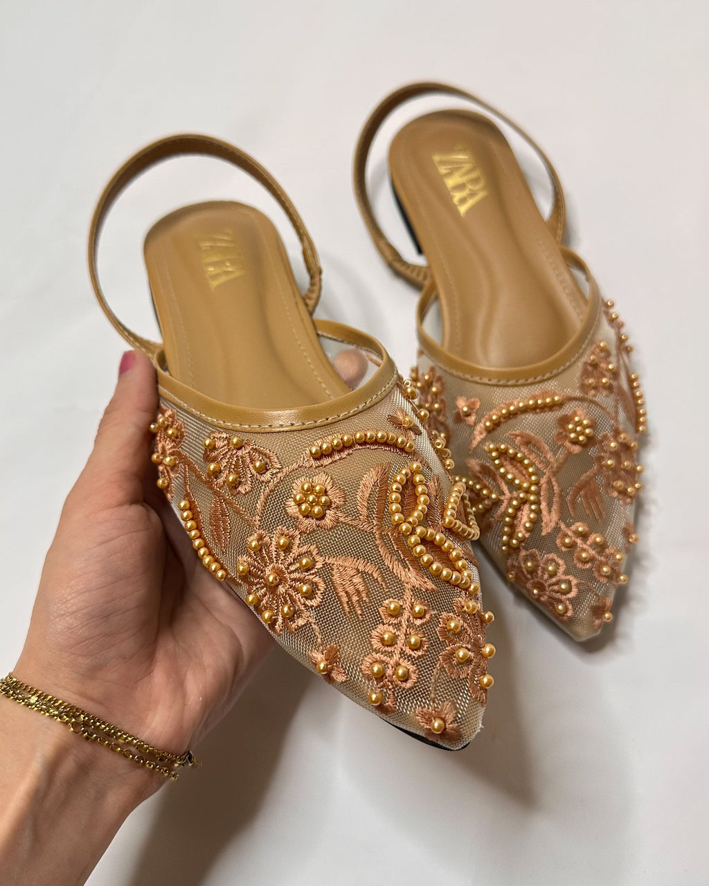 Zara Embroidered Mesh Beige Slingback Pumps