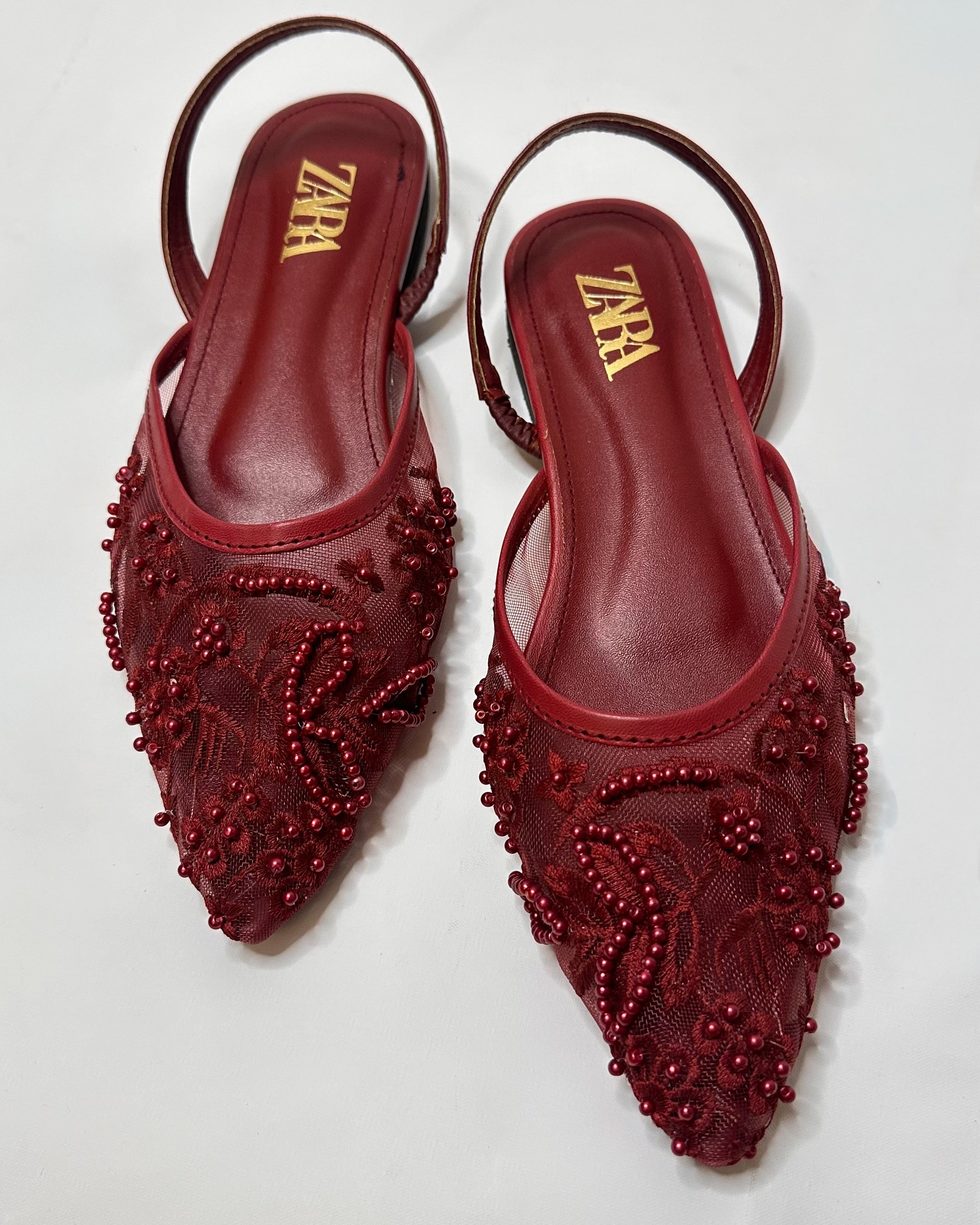 Zara Embroidered Mesh Red Slingback Pumps