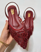 Zara Embroidered Mesh Red Slingback Pumps
