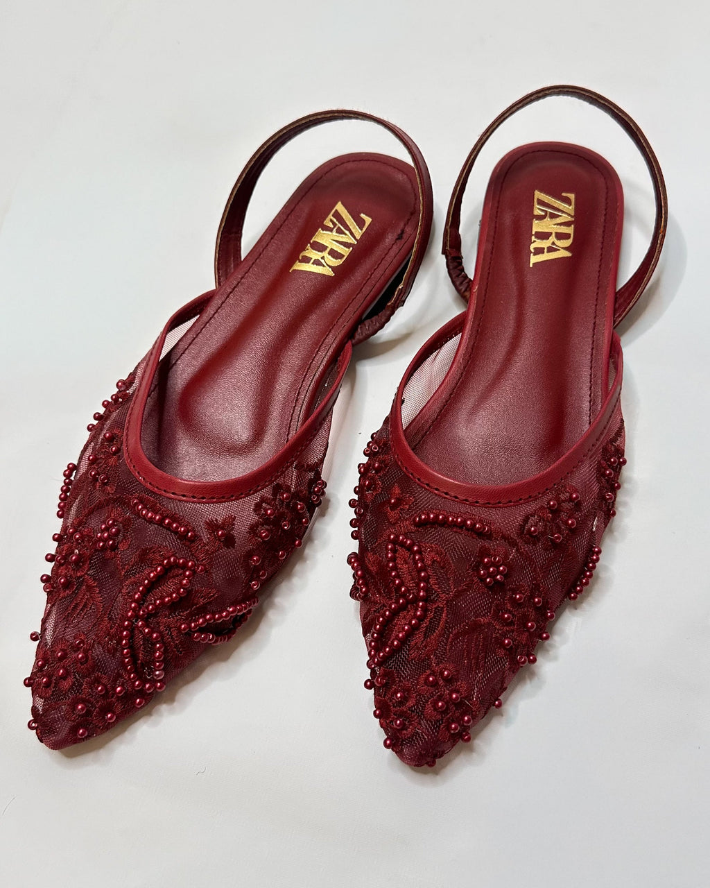 Zara Embroidered Mesh Red Slingback Pumps