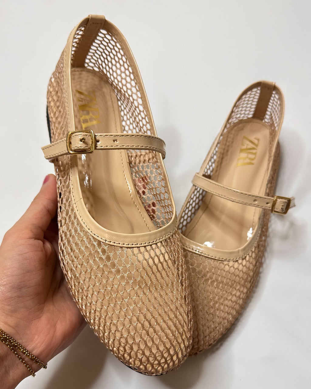 Zara Mesh Mary Jane Ballet Beige Flat Pumps