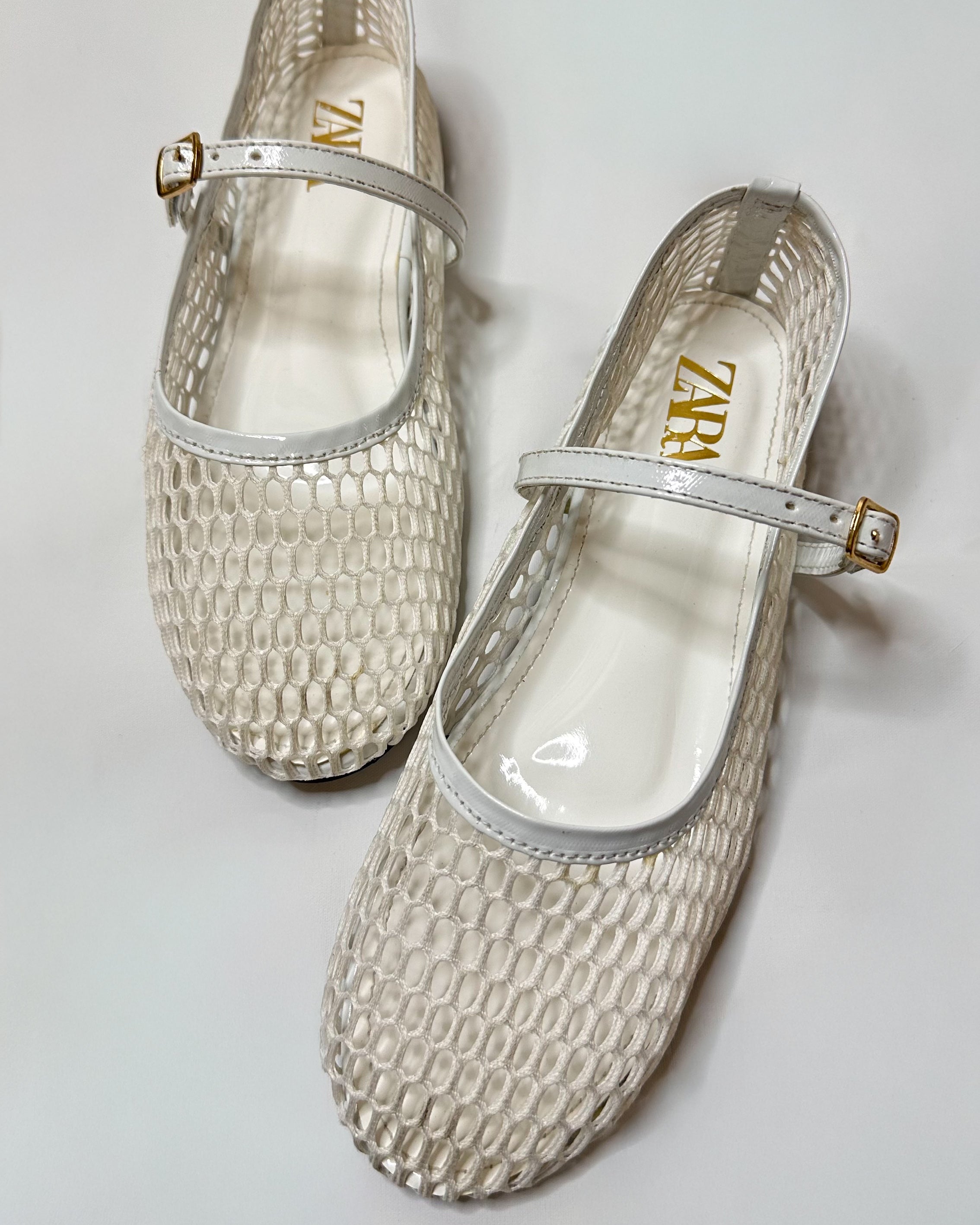 Zara Mesh Mary Jane Ballet White Flat Pumps
