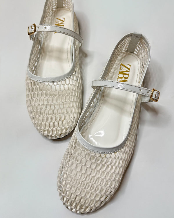 Zara Mesh Mary Jane Ballet White Flat Pumps