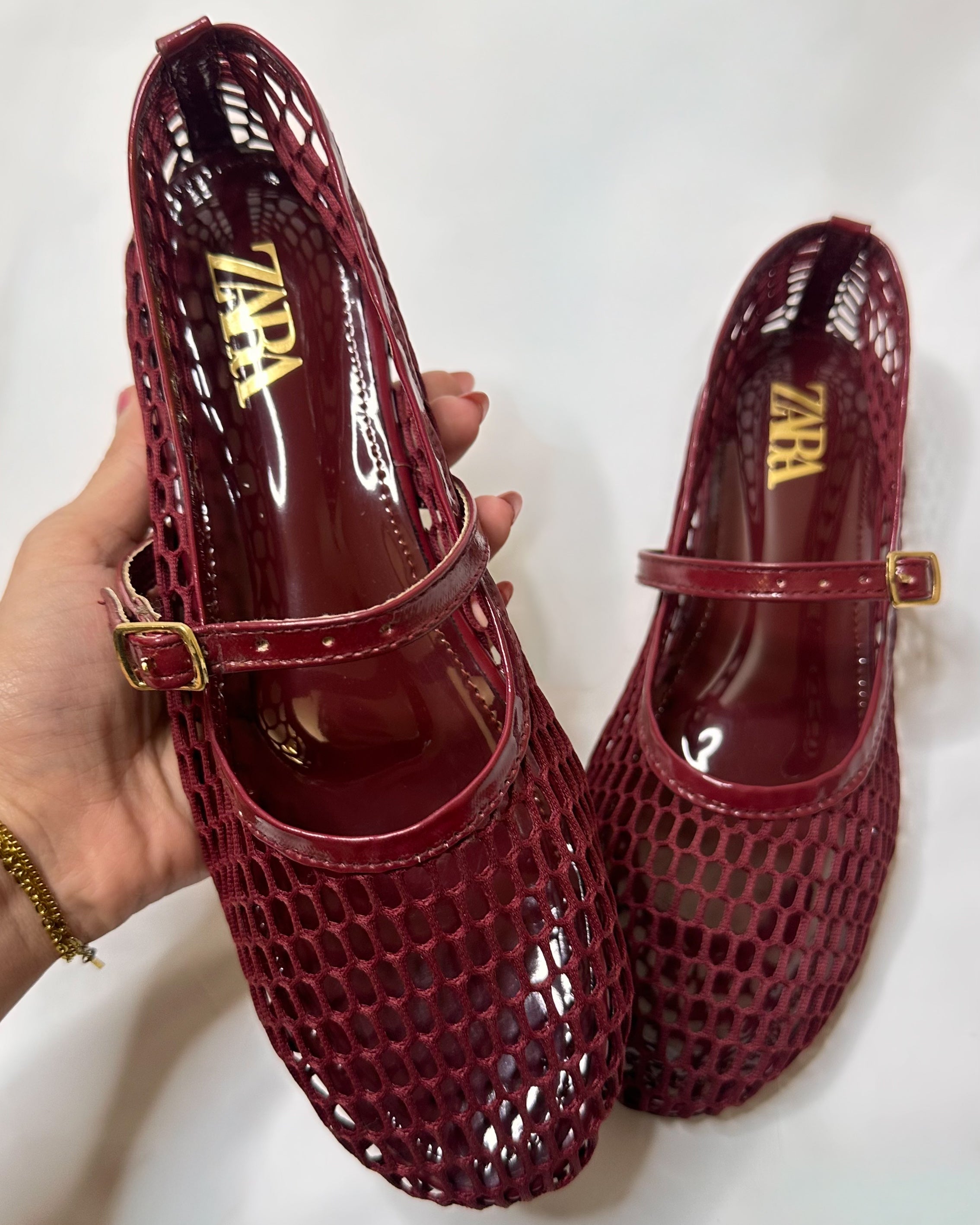 Zara Mesh Mary Jane Ballet Red Flat Pumps