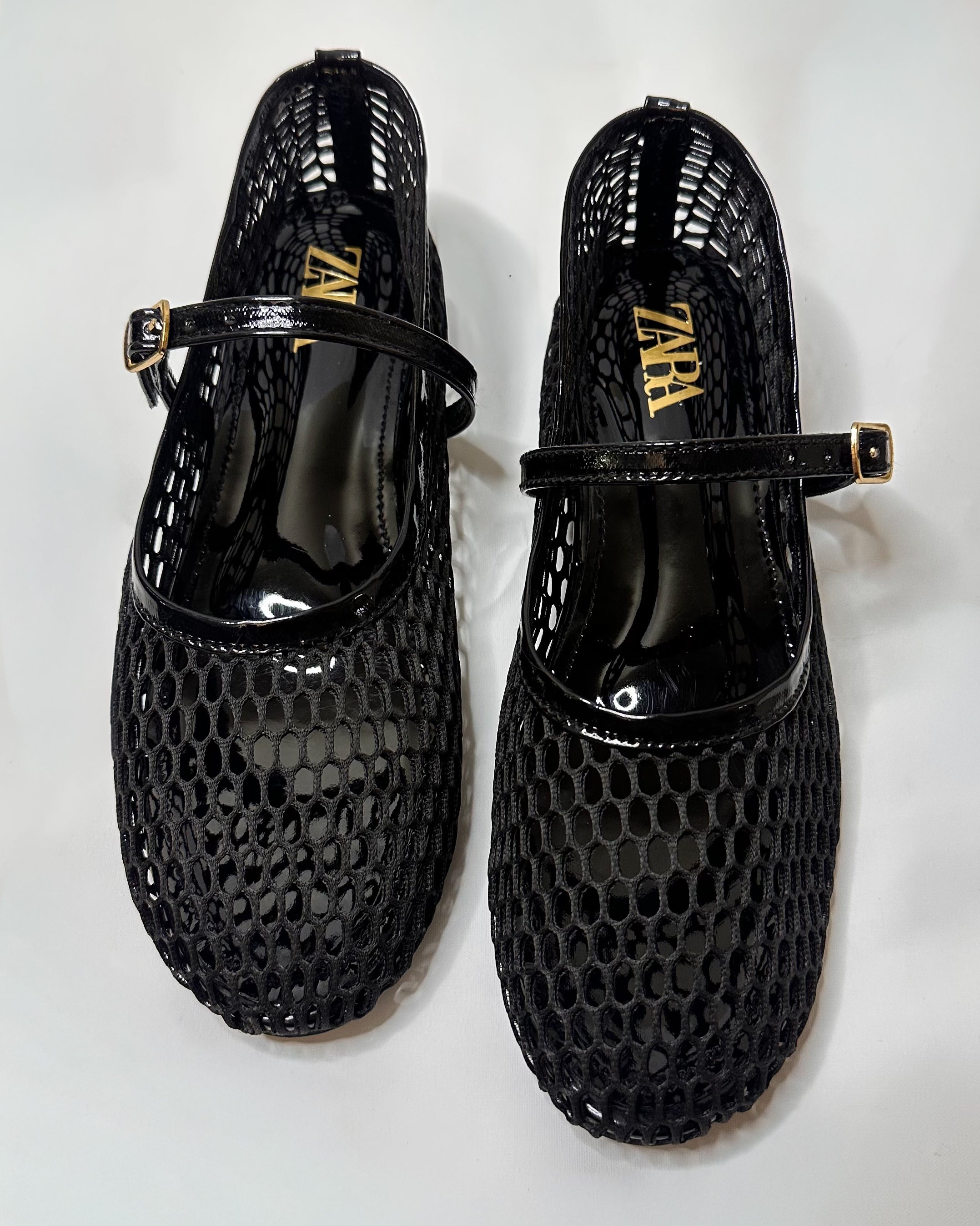 Zara Mesh Mary Jane Ballet Black Flat Pumps