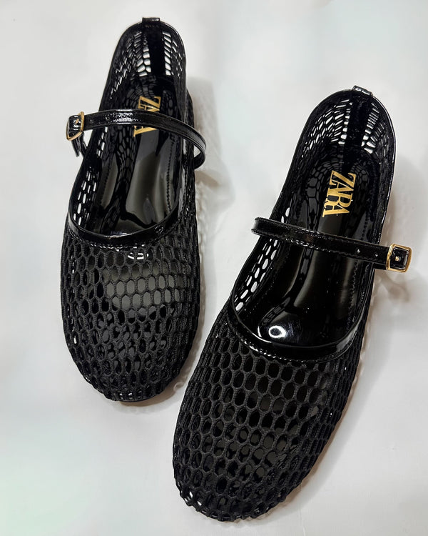 Zara Mesh Mary Jane Ballet Black Flat Pumps