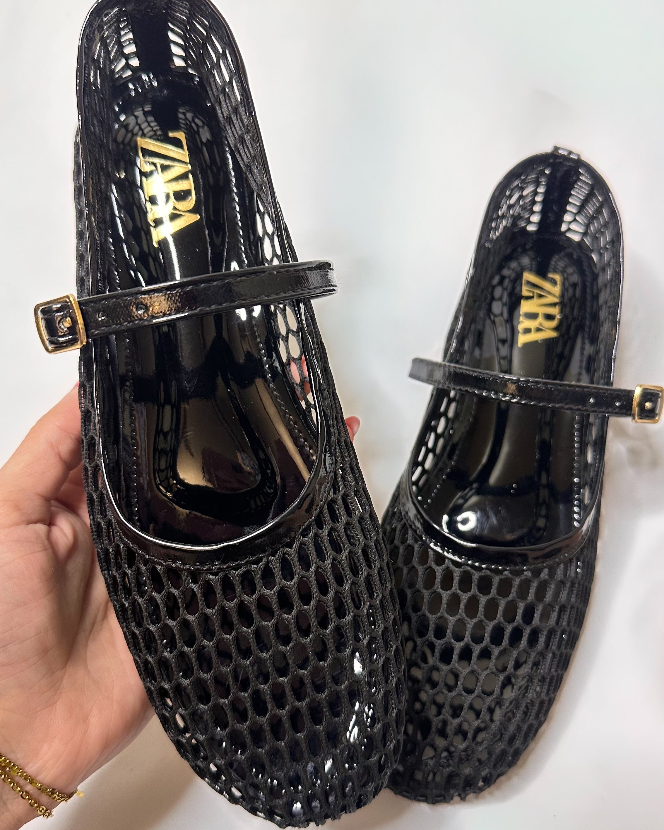 Zara Mesh Mary Jane Ballet Black Flat Pumps