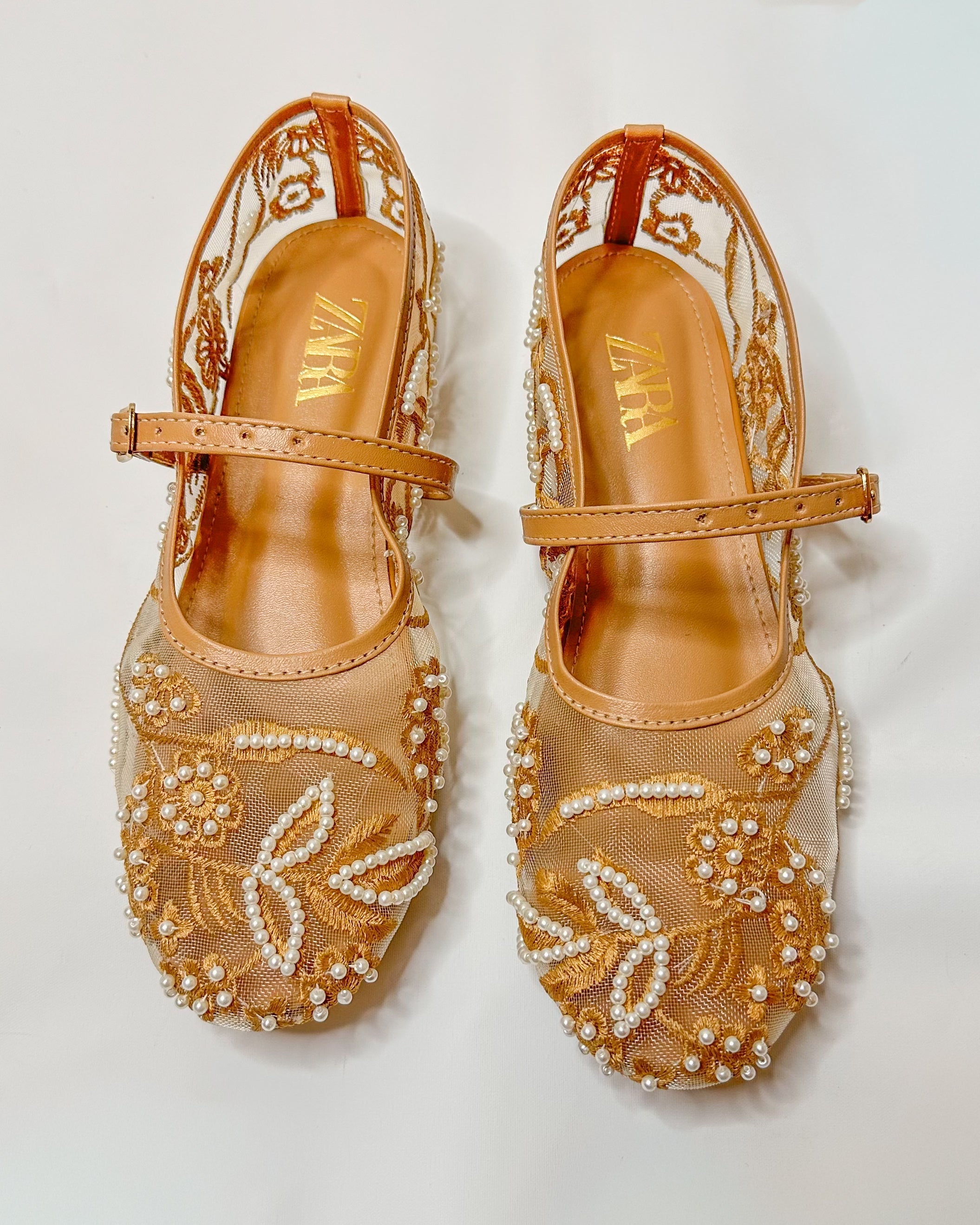 Zara Mesh Embroidered Beige Ballet Pumps
