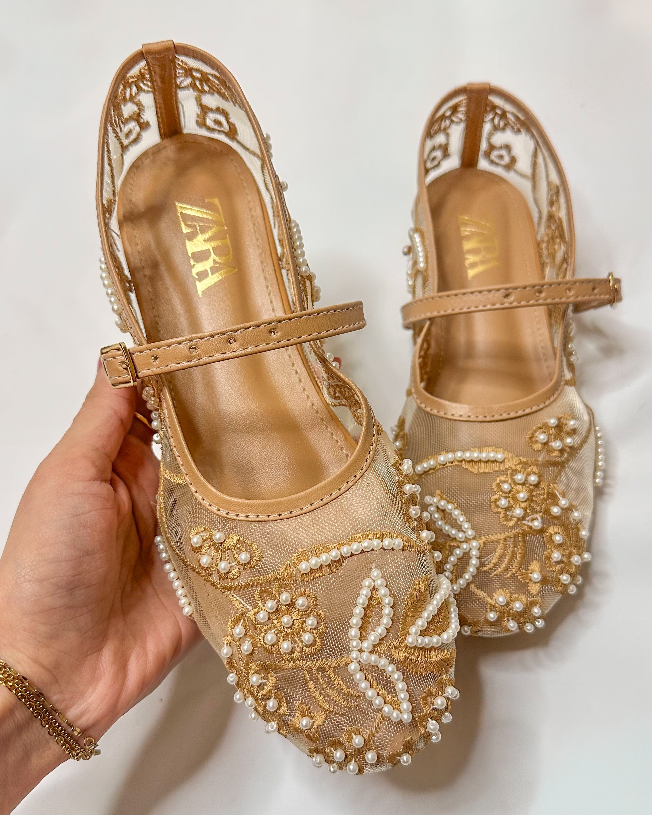Zara Mesh Embroidered Beige Ballet Pumps