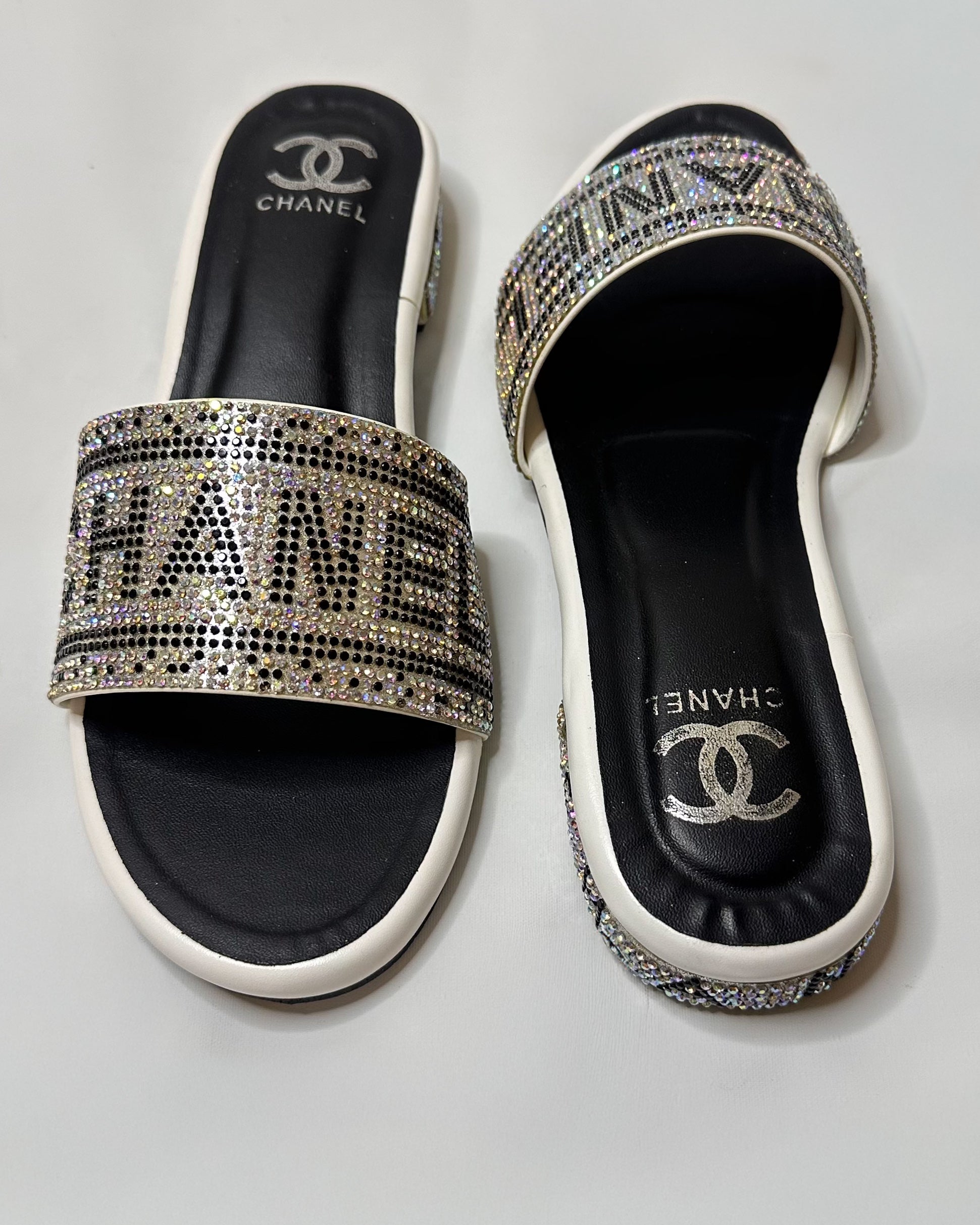 Chanel Rhinestone Embellished Straps Slippers