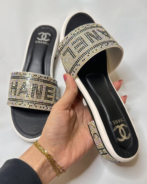 Chanel Rhinestone Embellished Straps Slippers