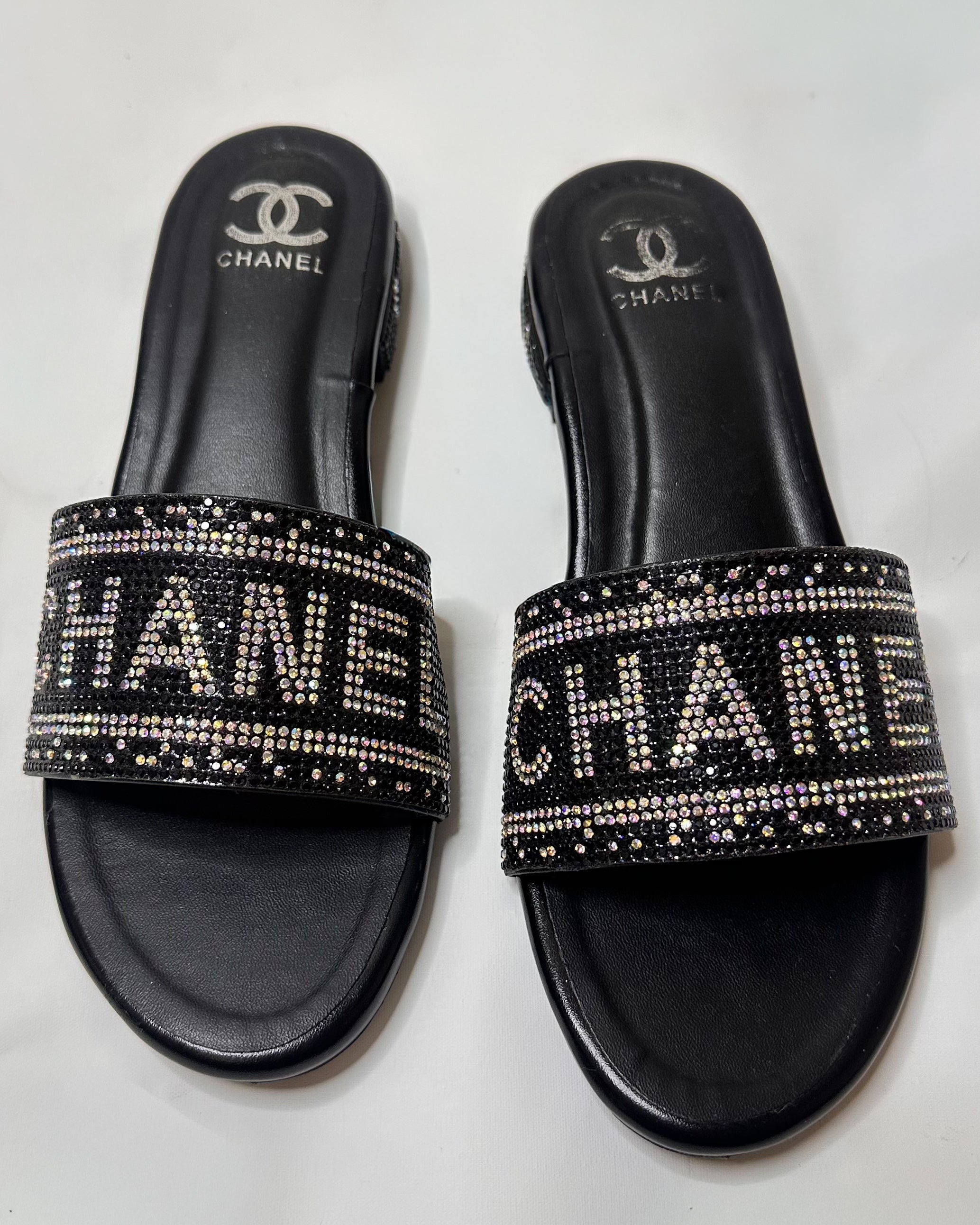 Chanel Rhinestone Embellished Straps Slippers