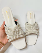 White Beaded Flat Slippers