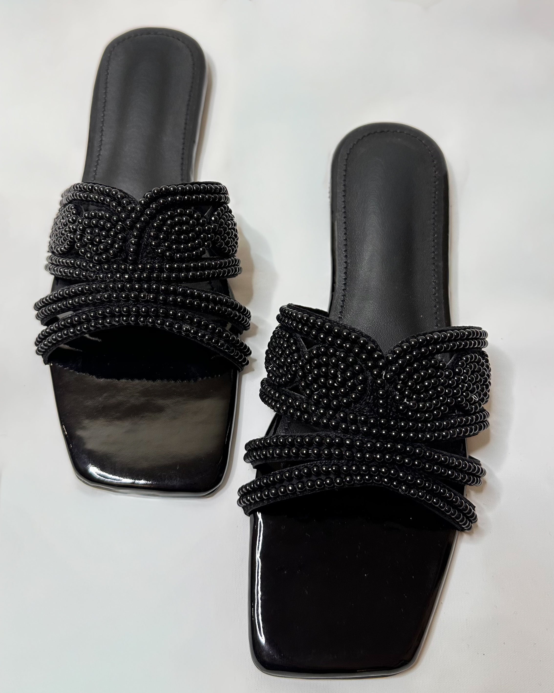 Black Beaded Flat Slippers