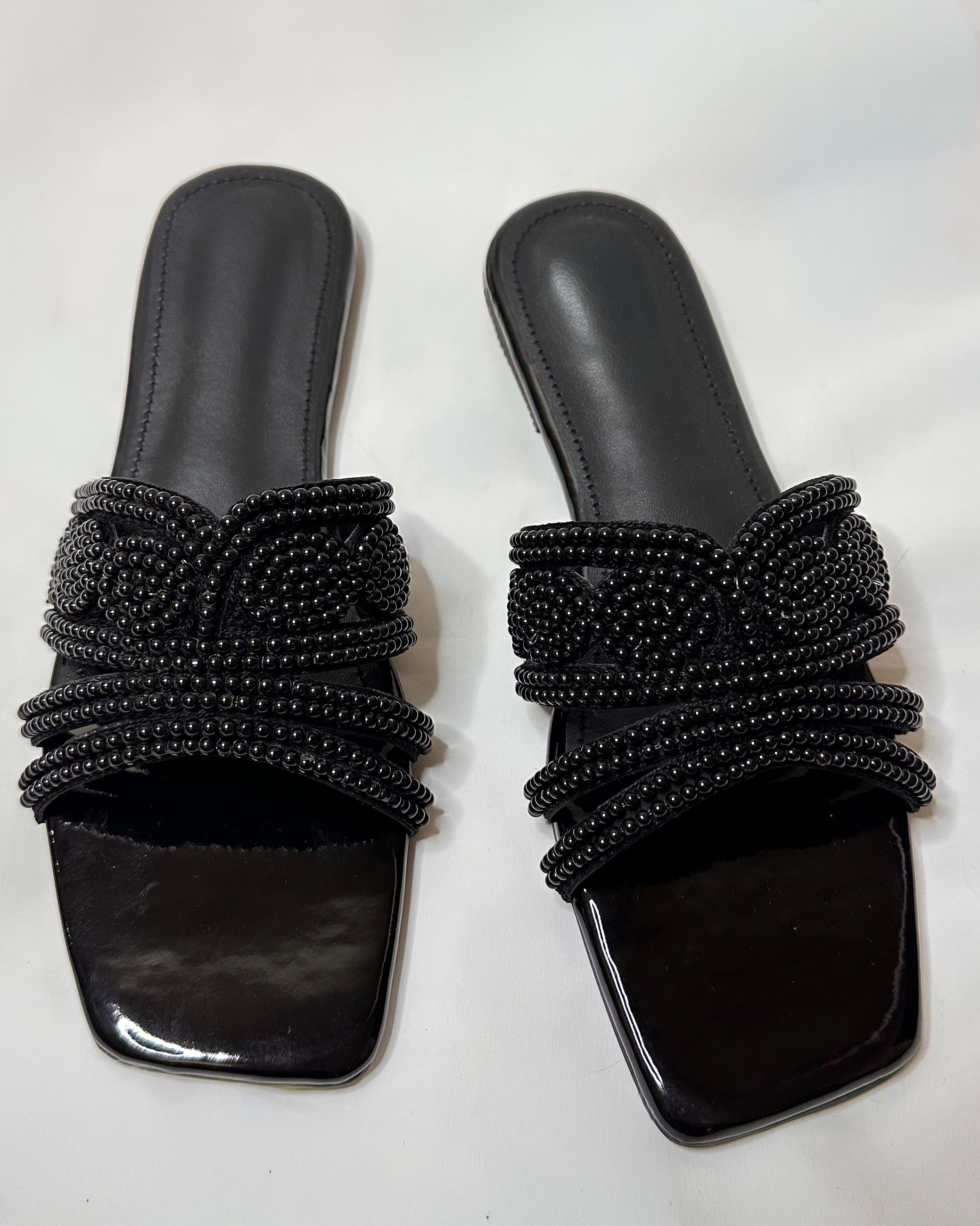 Black Beaded Flat Slippers