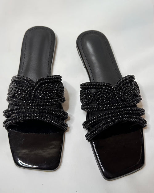 Black Beaded Flat Slippers