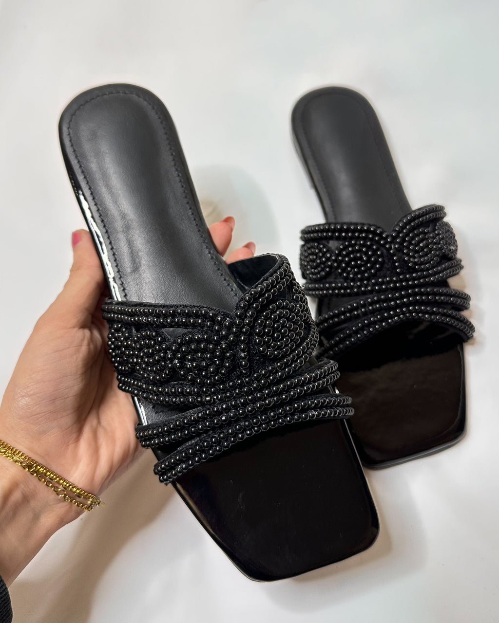 Black Beaded Flat Slippers