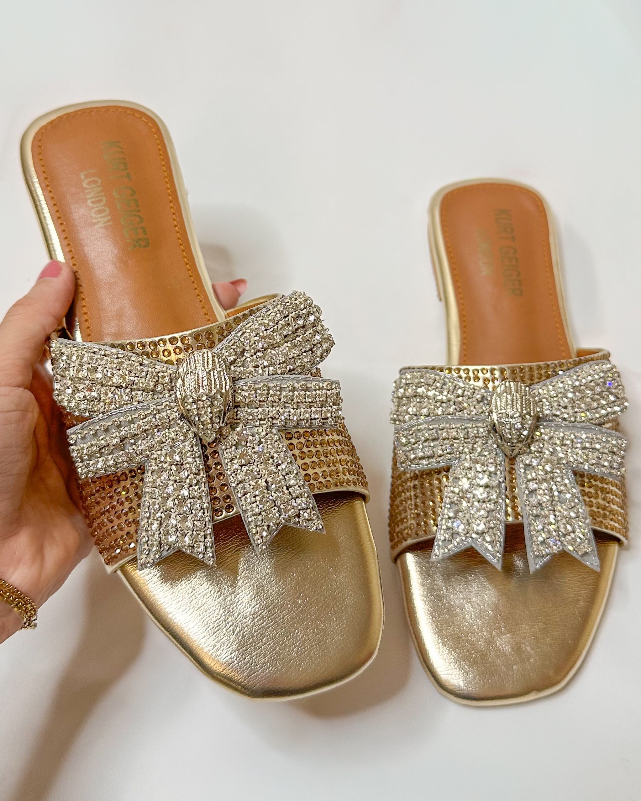 Kurt Geiger Roon Bow Mules Slippers Golden