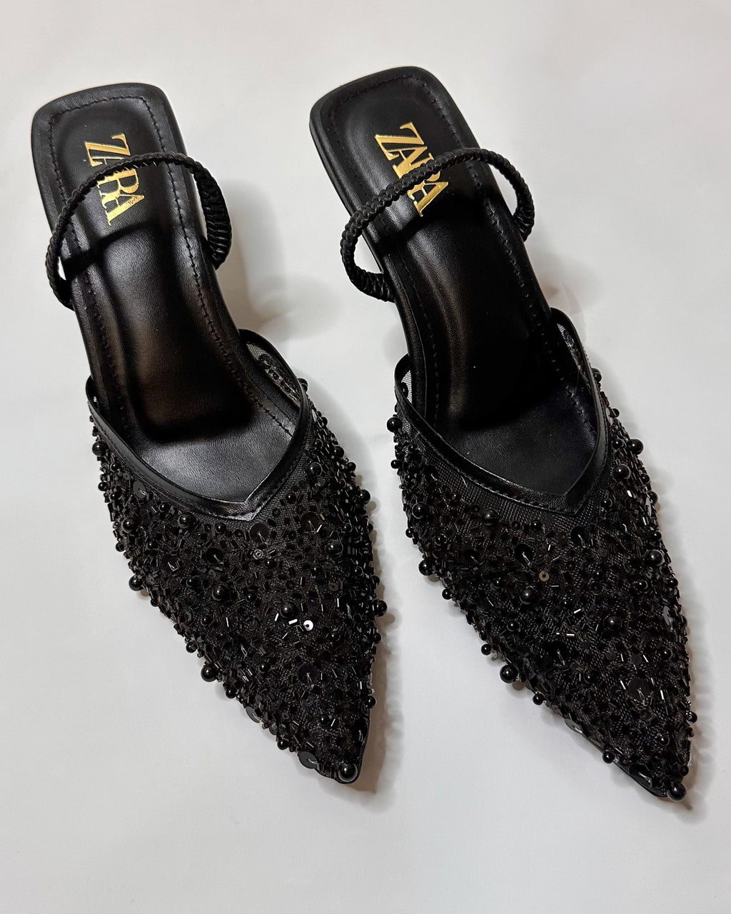 Zara Embroidered Slingback Heels Black