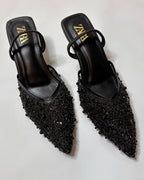 Zara Embroidered Slingback Heels Black
