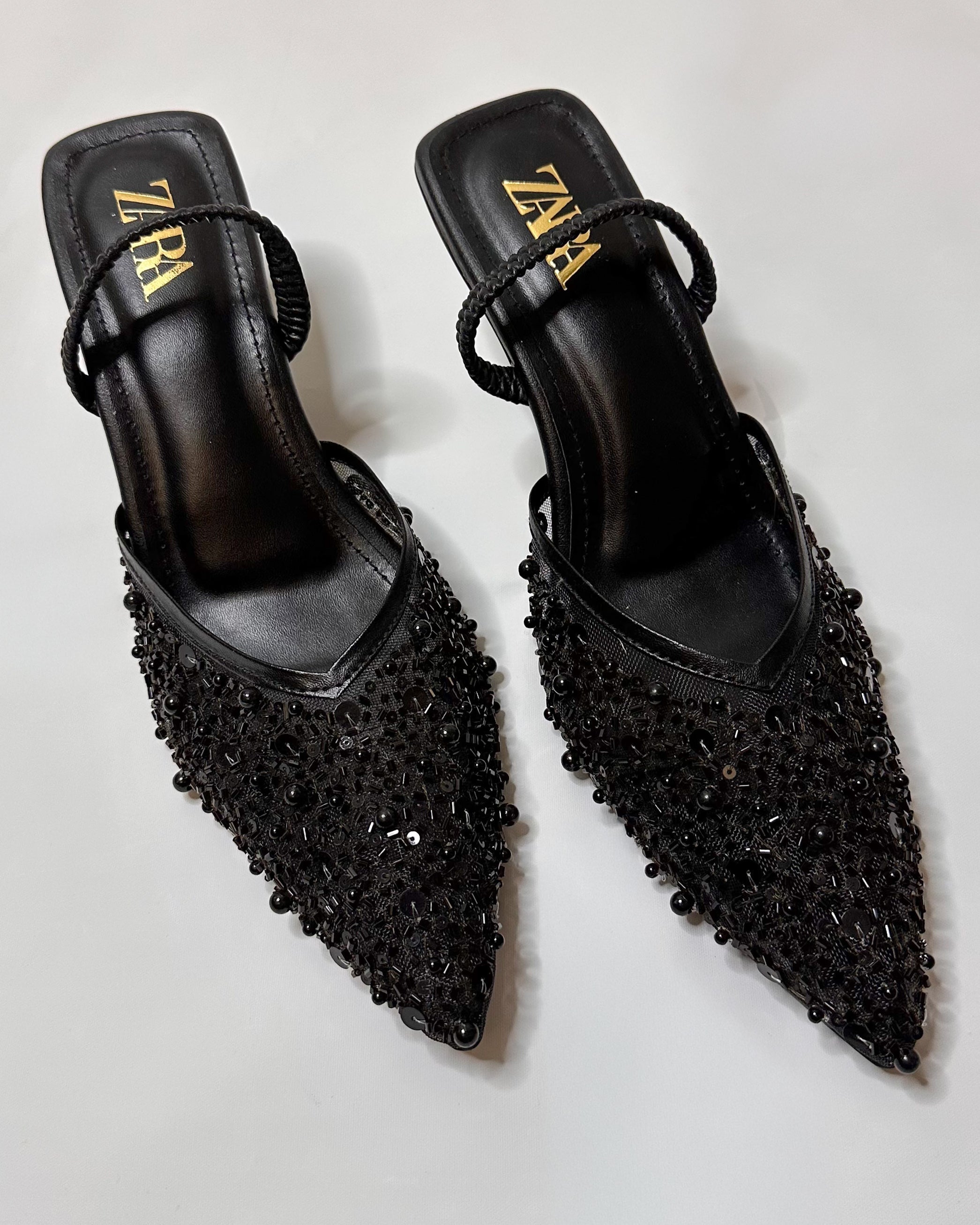 Zara Embroidered Slingback Heels Black