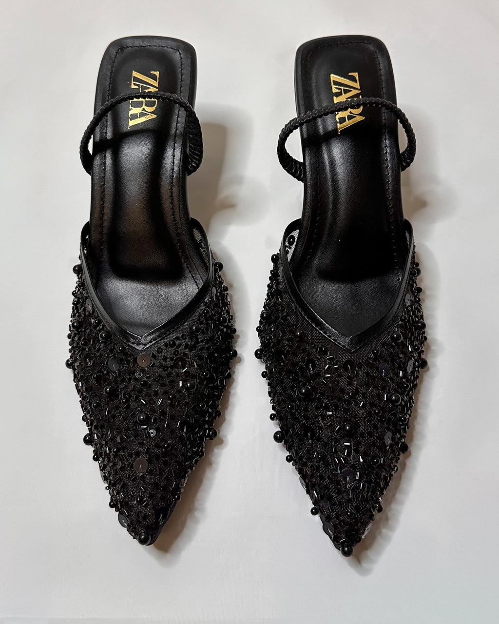 Zara Embroidered Slingback Heels Black