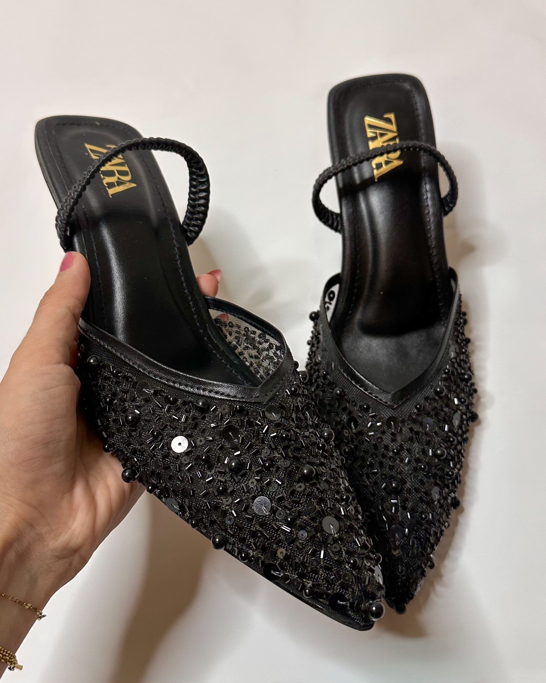 Zara Embroidered Slingback Heels Black