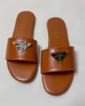 Prada Logo Slide Sandals Brown