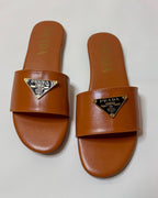 Prada Logo Slide Sandals Brown