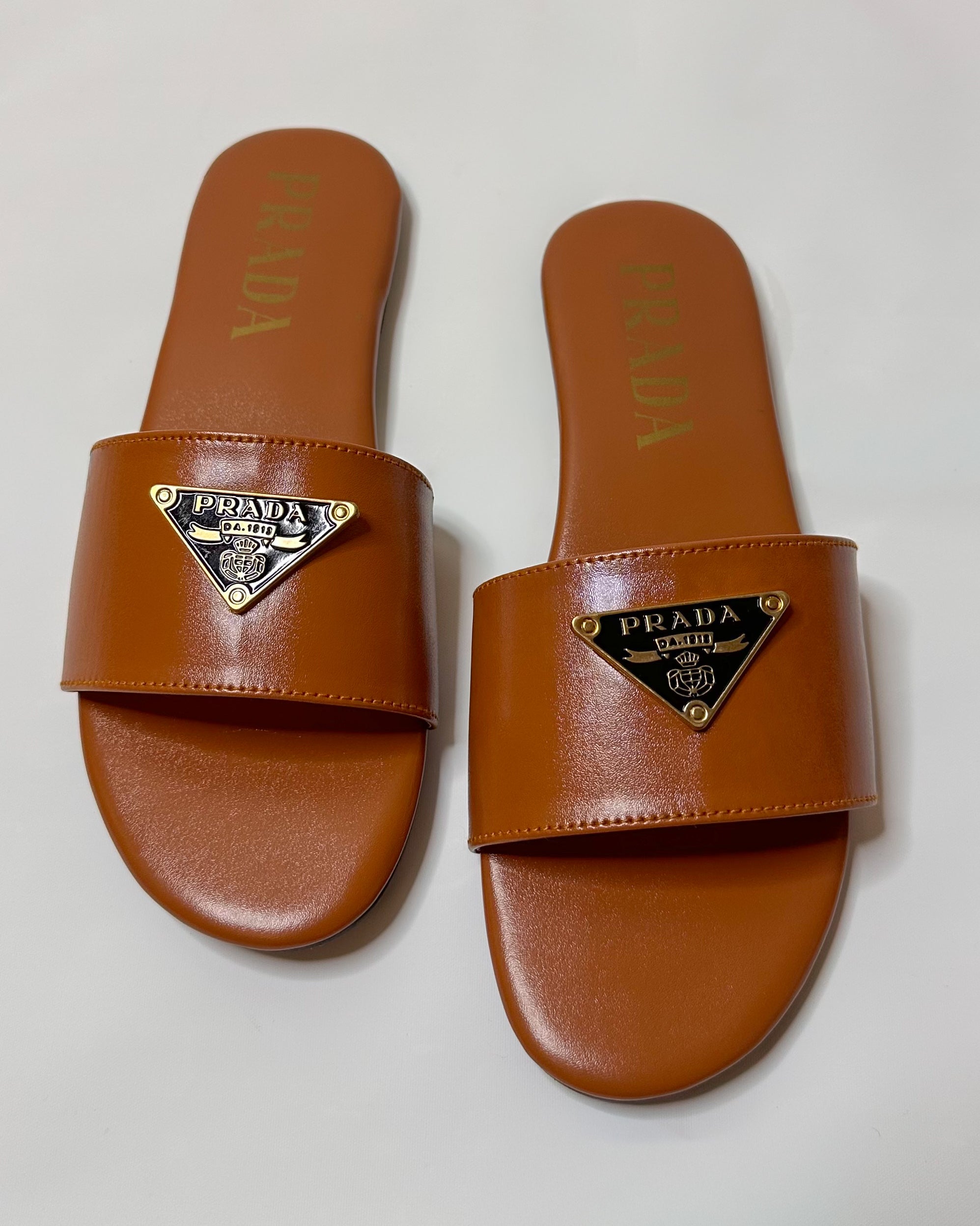 Prada Logo Slide Sandals Brown