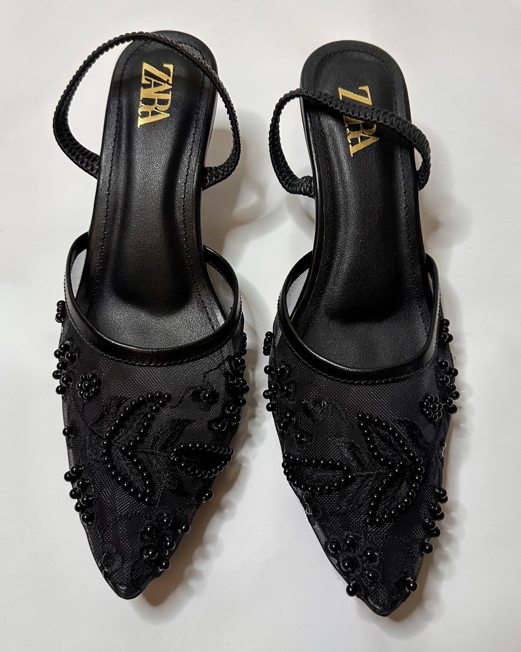 Zara Embroidered Slingback Heels Black