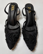 Zara Embroidered Slingback Heels Black