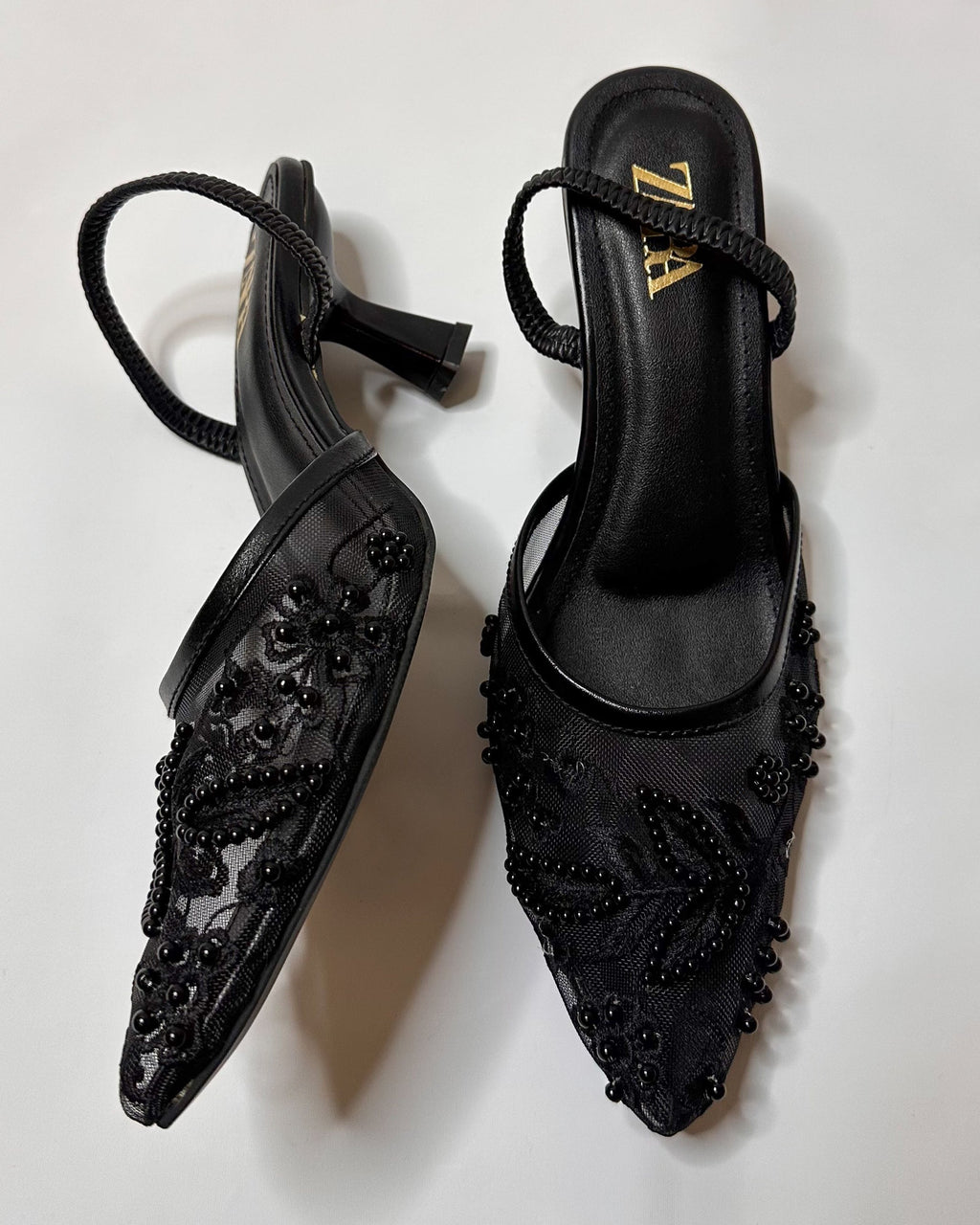 Zara Embroidered Slingback Heels Black