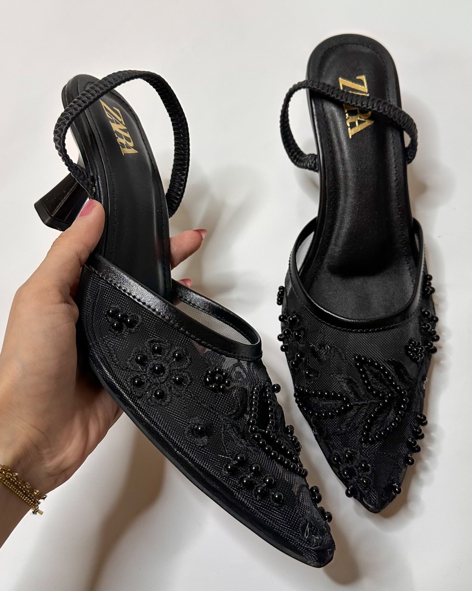 Zara Embroidered Slingback Heels Black