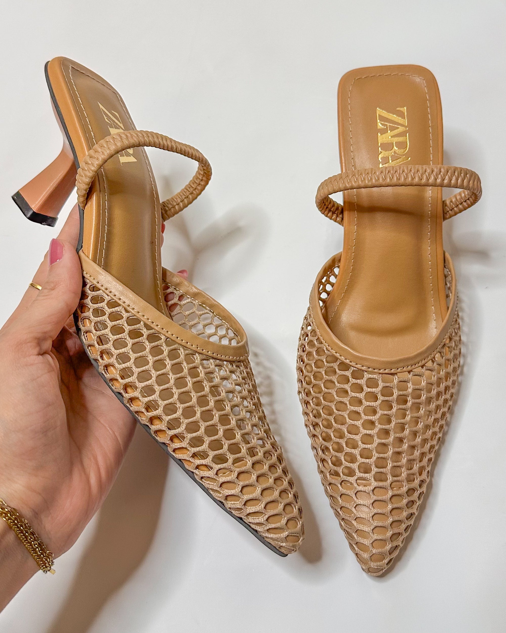 Zara Mesh Slingback Heels Beige