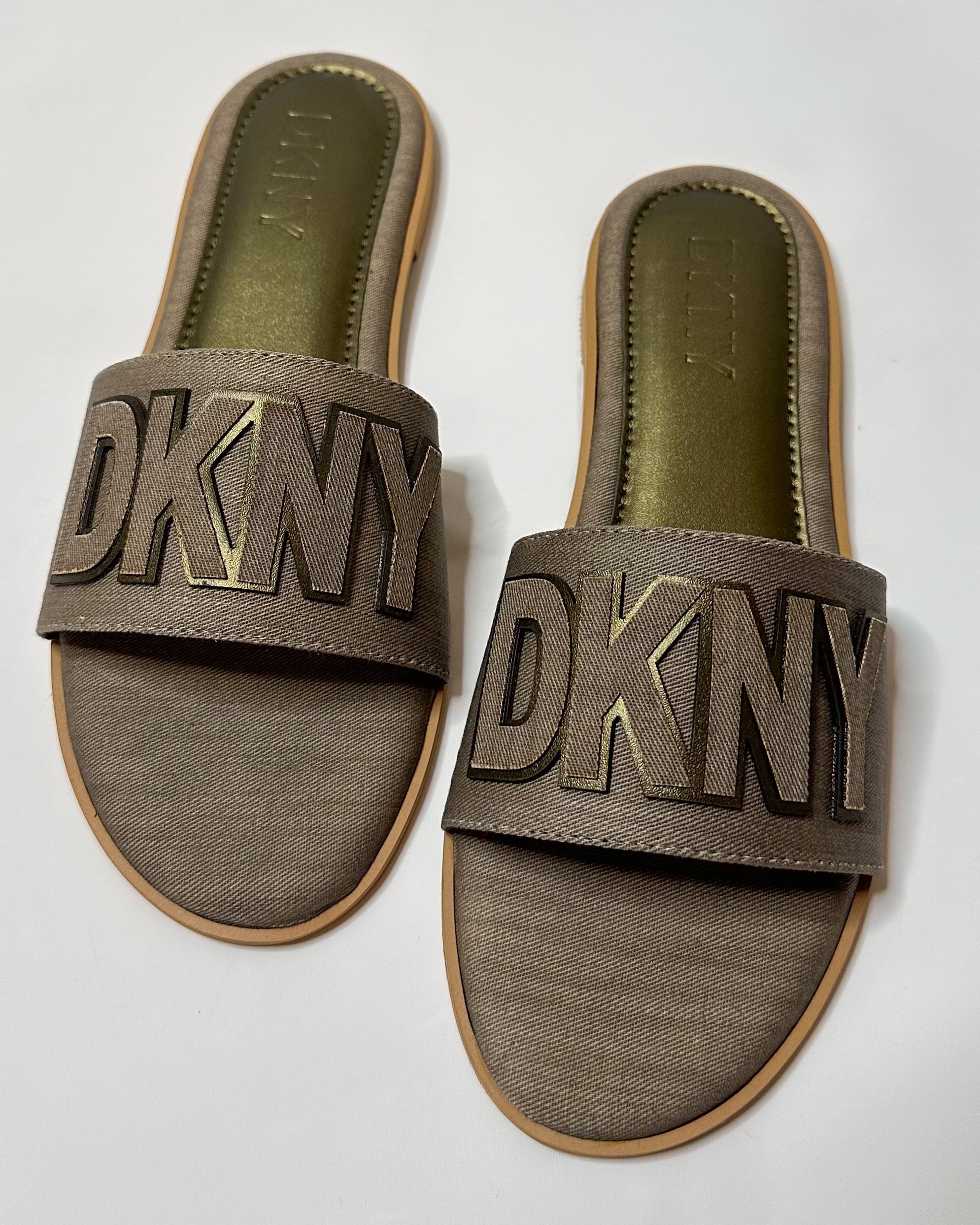 DKNY Willow Flat Slide Slippers Metallic Green