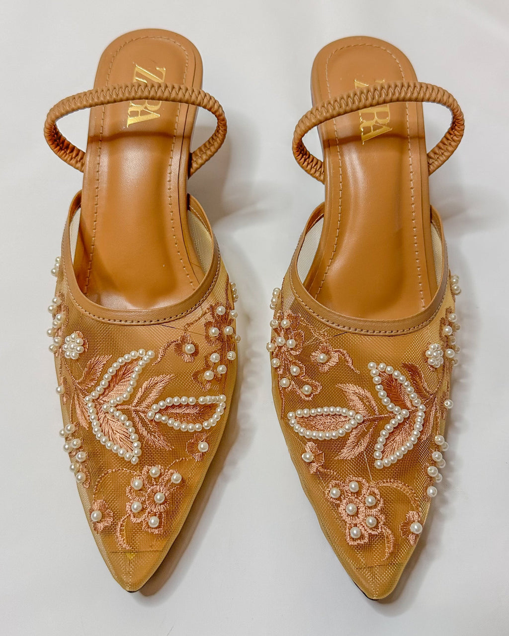 Zara Embroidered Slingback Heels Beige