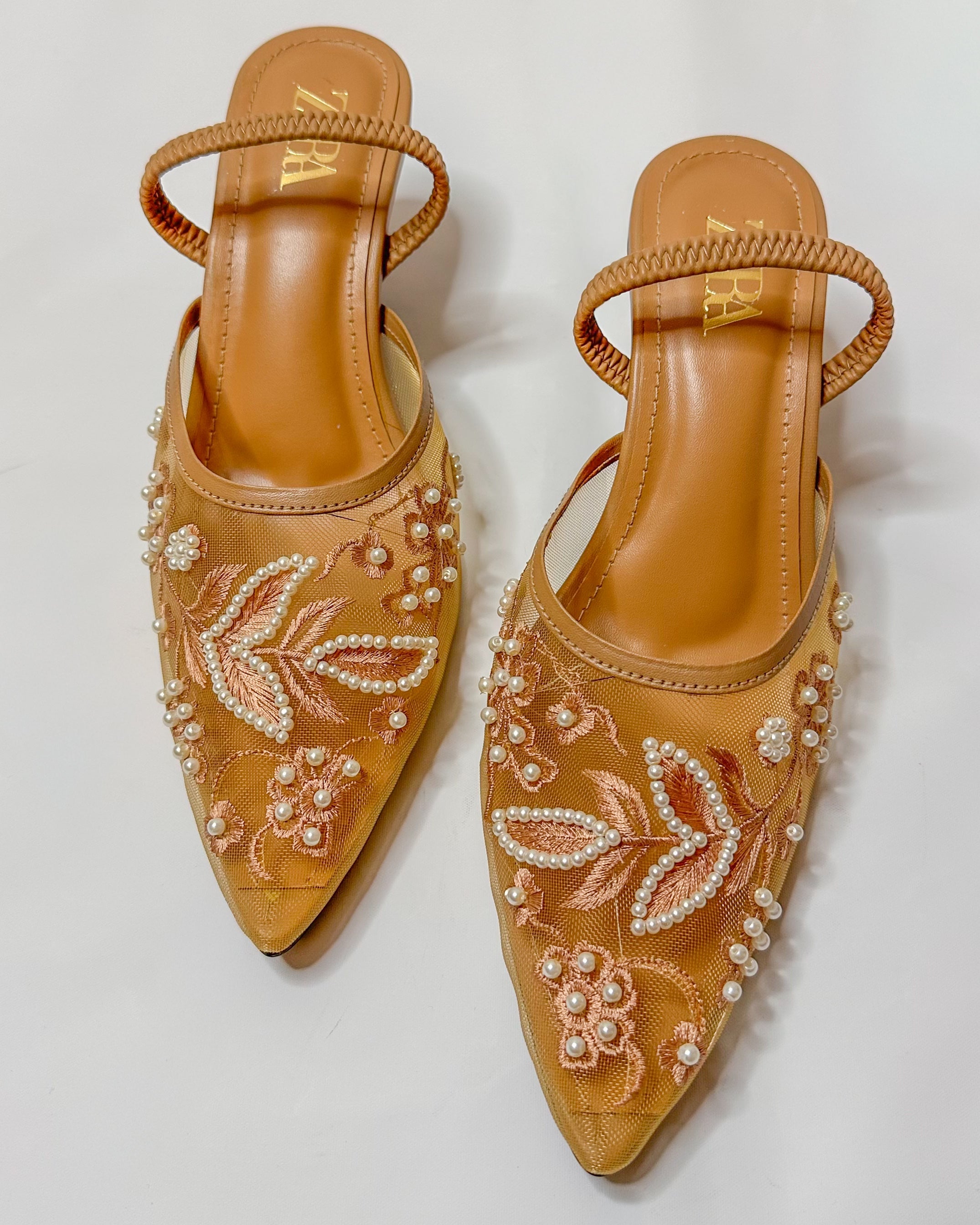 Zara Embroidered Slingback Heels Beige