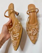 Zara Embroidered Slingback Heels Beige