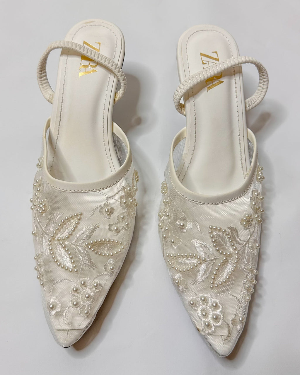 Zara Embroidered Slingback Heels White